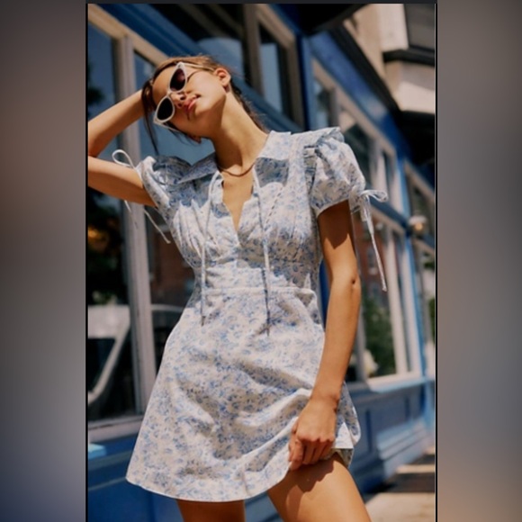 Free People Dainty Retro Dottie Light Blue and White Floral Feminine Mini Dress - Picture 1 of 13